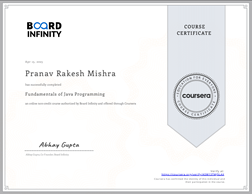 A thumbnail of my 'Board Infinity: Fundamentals of Java Programming' certificate