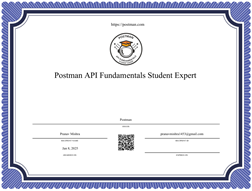A thumbnail of my 'Postman API Fundamentals Students Expert' certificate